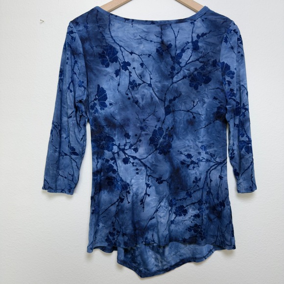 Dressbarn Women Velvet Burnout Top Blue Floral Ruched Waist Stretch 3/4 Sleeve - Picture 8 of 9